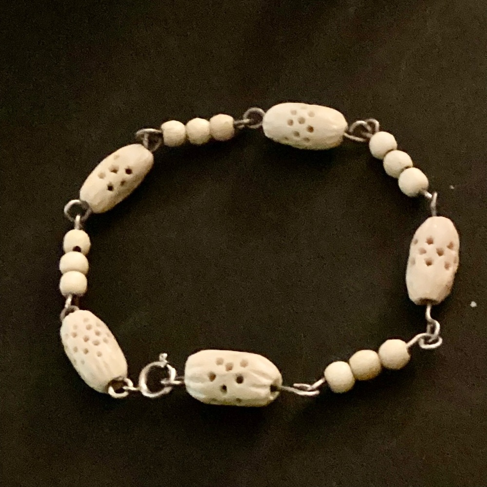 8” Vintage Carved Bone & Sterling Wire Bracelet Boho Persian Gypsy Hand Made